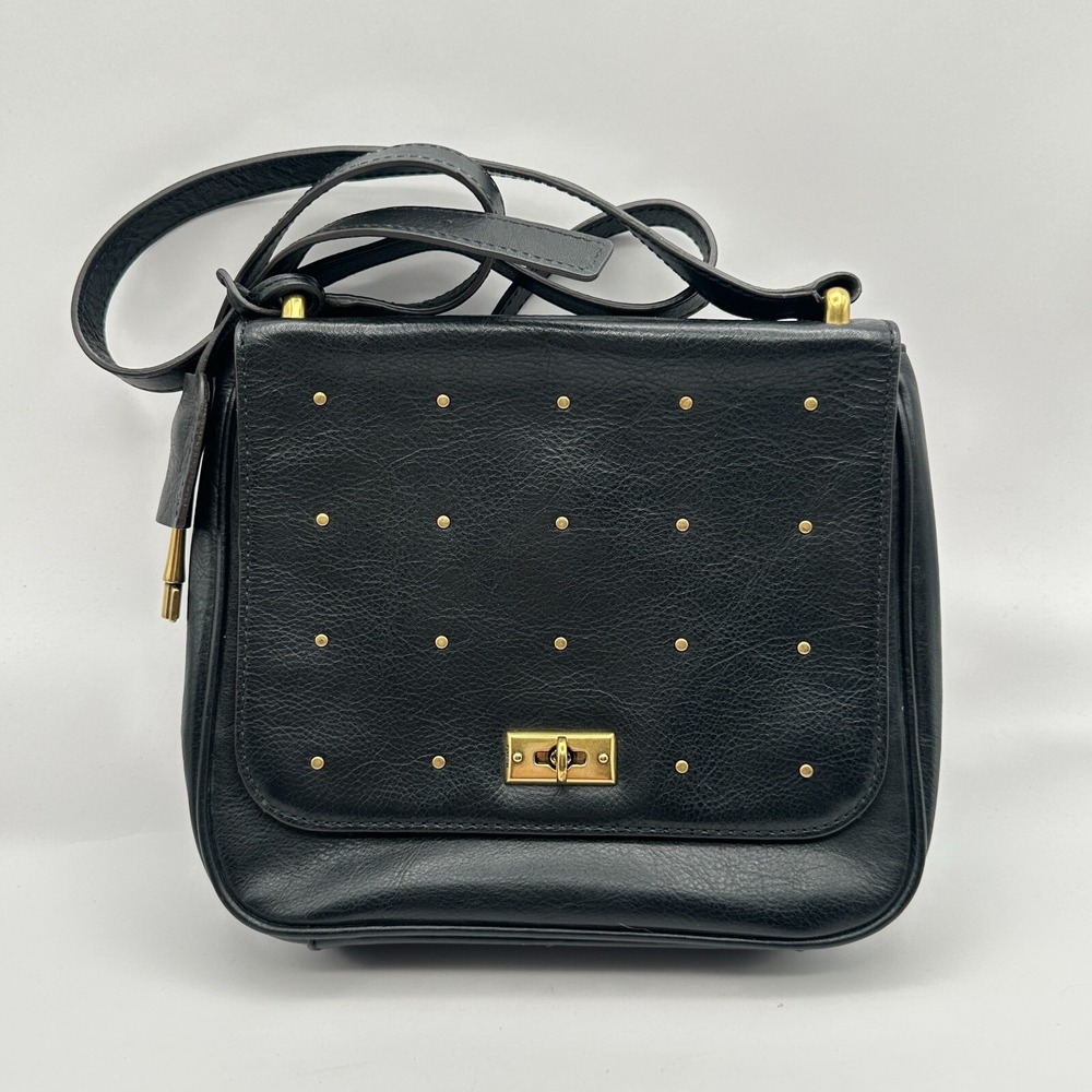 Fossil Crossbody Bag Womens Black Gold Leather Key‎ Charm Studded Shoulder Strap